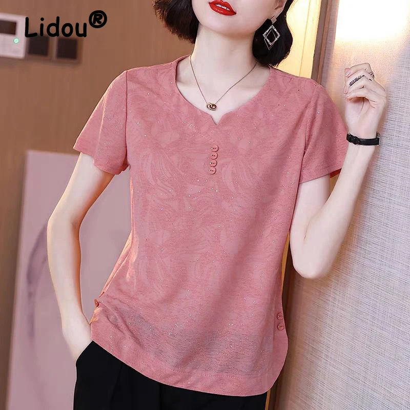 2023 Summer Korean Fashion Women\'s Rhinestone Round Neck Solid Short Sleeve T-shirts Casual Simple All Match Top Female Clothing