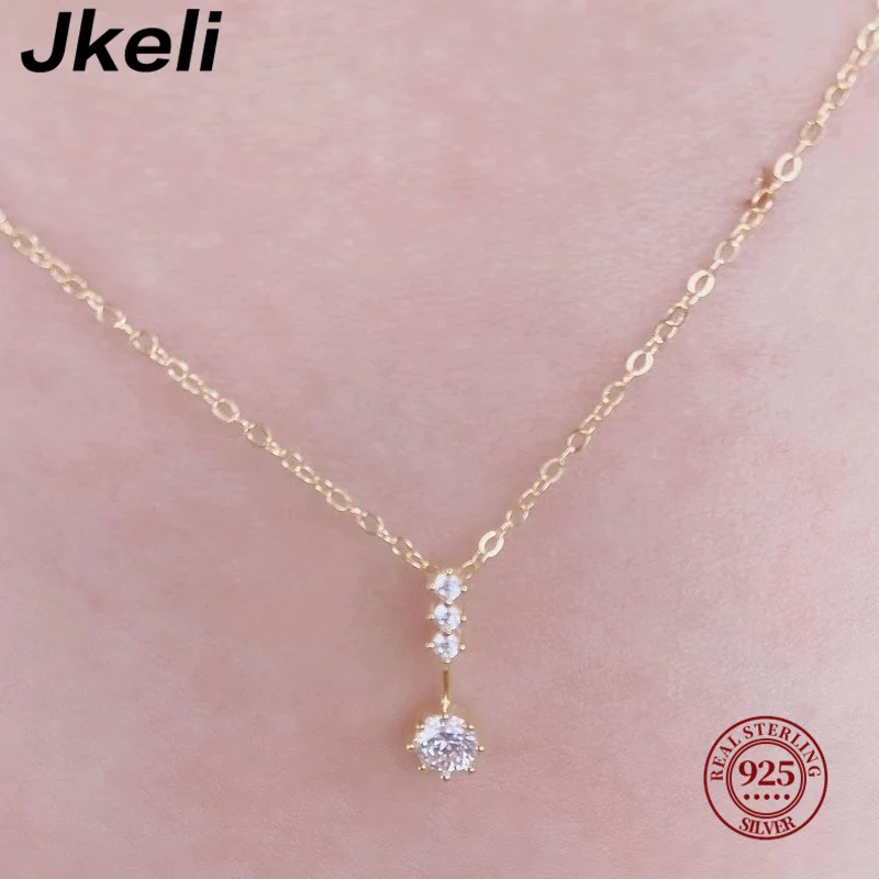 Jkeli 925 Sterling Silver Plating 14K Gold Korean Crystal Flower Pendant Necklace Women Temperament All-Match Jewelry