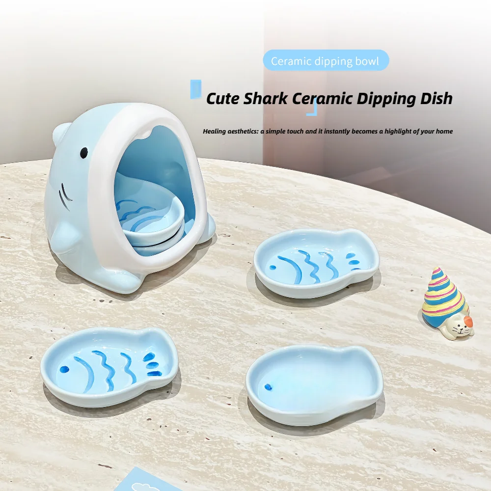 Stackable Ceramic Seasoning Dish Set, Cute Cartoon Shark Storage Container, Small Fish Shaped Dipping Dish, Suitable For Familie