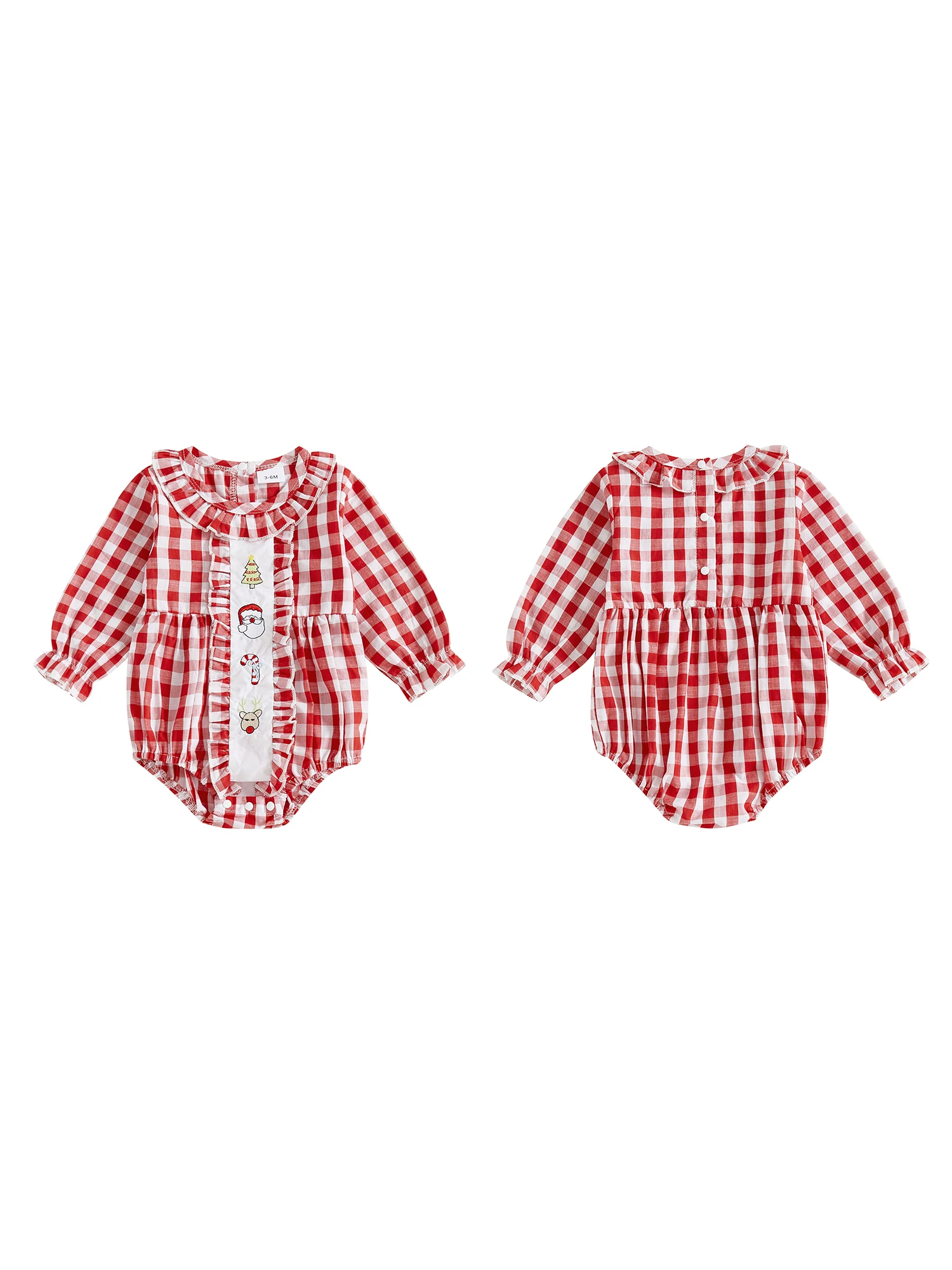 Toddler Girl Tartan Romper with Festive Christmas Tree Embroidery Ruffled Round Neck and Long Sleeves - Adorable Bubble