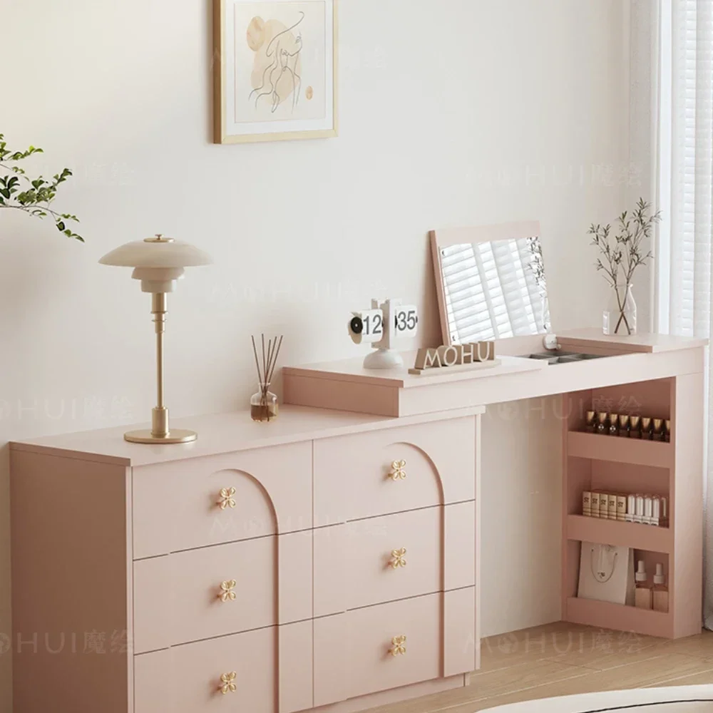 Pink Flip Dressing Table Chest of Six Drawers Integrated Storage Cabinet Bedroom Tailstock Corner Desk