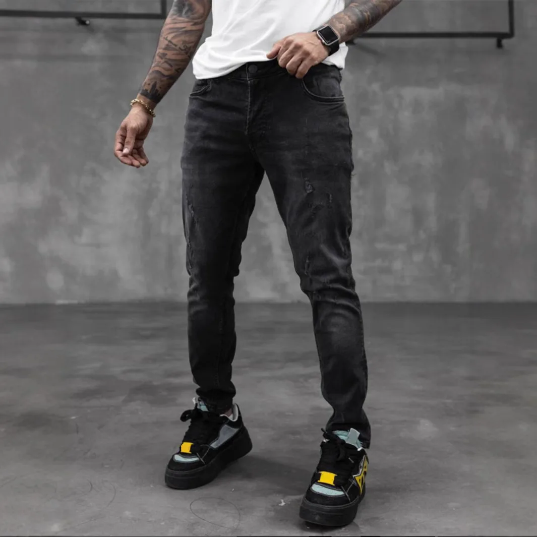Trendy Brand Men's Slim-fitting Fashion High Street Simple Elastic Small Foot Jeans