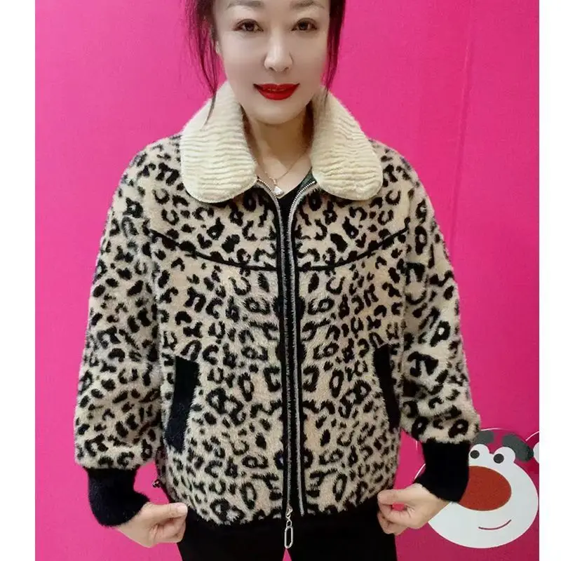 

New Coat Mother Gold Mink Fleece Coat Fashion Leopard Print Coat Autumn And Winter Loose Casual Thicken Short Cardigan Warm Top