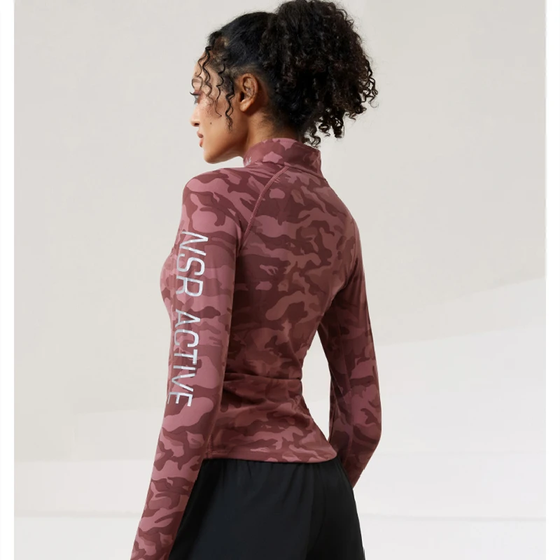 Alta qualità palestra Camouflage Sport maniche lunghe Running Women stretto mezza cerniera Yoga magliette allenamento Top Athletic Fitness Tops