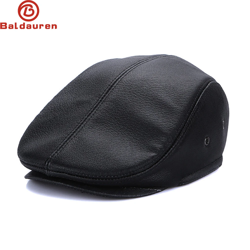 

Winter Flat Caps Beret Men Black Warm Duckbill Hat Ivy Male Ear Flaps Thicker Genuine Cowhide Leather Solid Classic Driving Cap