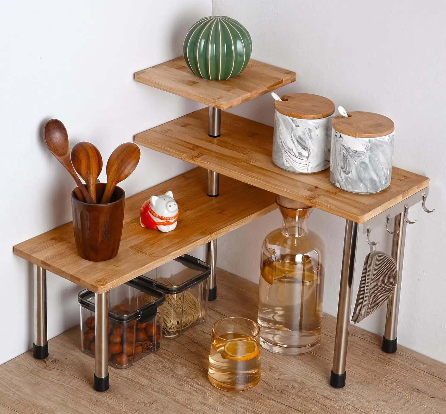 

3 Tier Corner Shelf Bamboo Metal Storage Spice Rack-Desk Bookshelf Display Shelves Space Saving Organizer for Kitchen,Bed Room
