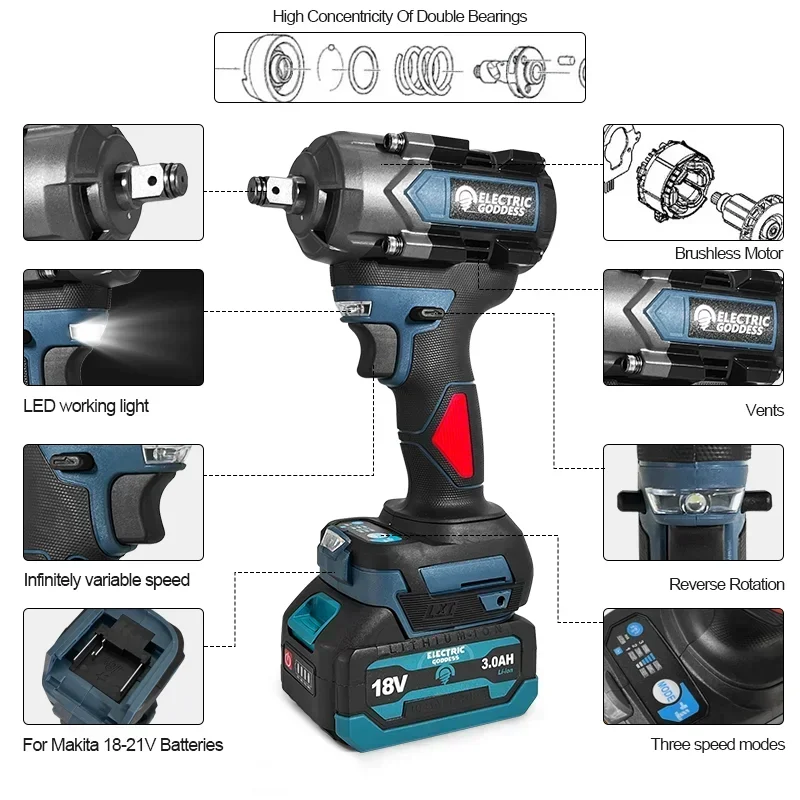 Llave de impacto inalámbrica de diosa eléctrica 600N · M, llave eléctrica doméstica sin escobillas de 3500RPM para batería de litio Makita de 18V