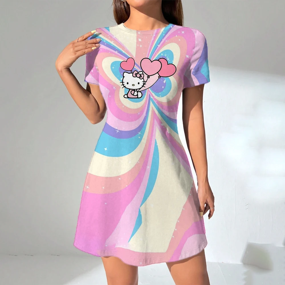 여성 긴 티셔츠 드레스 여름 패션 소녀 헬로 키티 프린트 오버 사이즈 캐주얼 라운드 넥 반팔 미니 티셔츠 드레스 ﻿