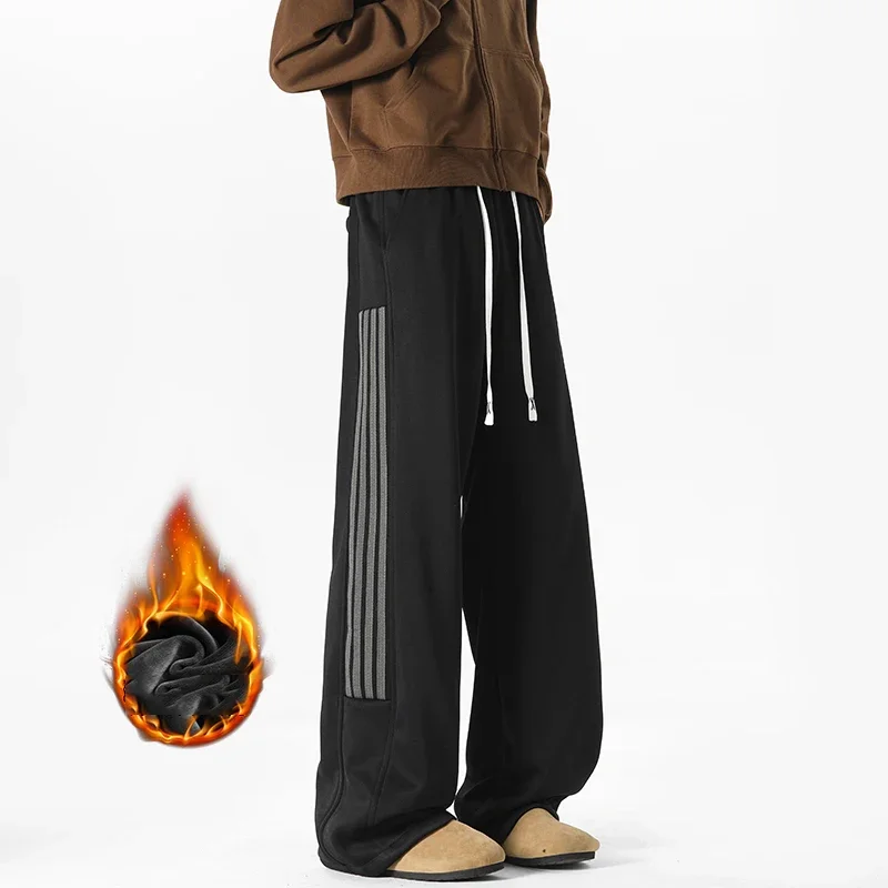 

Зимние мужские флисовые толстые бархатные спортивные штаны, корейские модные широкие брюки с широкими штанинами, прямые спортивные штаны, хлопковые повседневные свободные брюки
