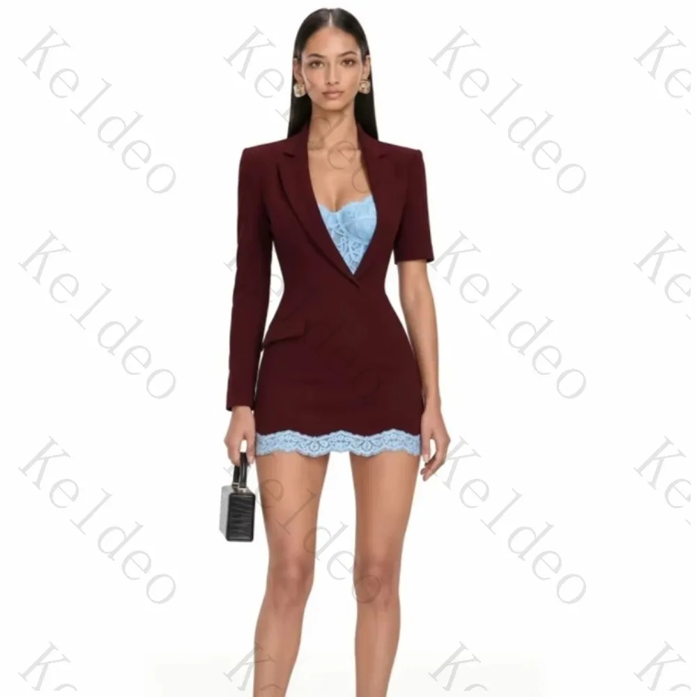 Customized Modern V-neck A-line Evening Gowns with Asymmetrical Sleeves Button Lace Patchwork Cocktail Prom Mini Length Dresses