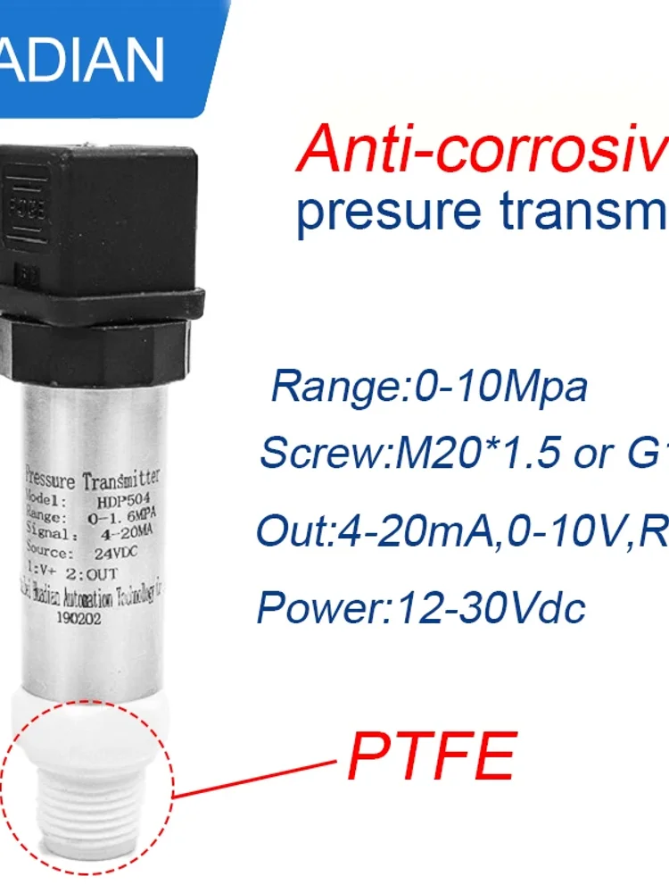 

1.6Mpa 2.5Mpa 4Mpa Anti-corrosive Pressure Transducer M20*1.5 Pressure Sensor RS485 0-10V Hersman PTFE Pressure Transmitter