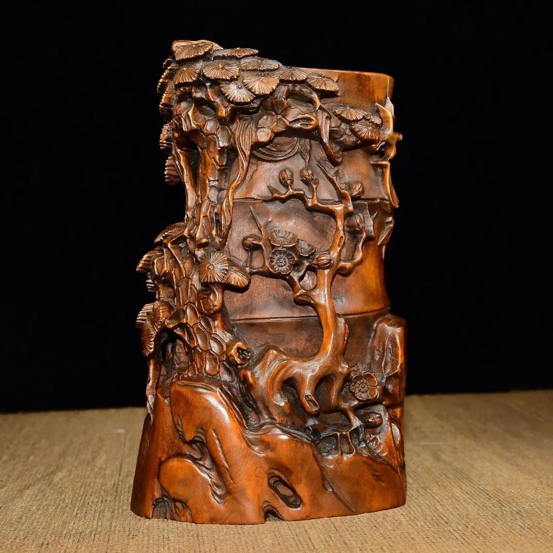 Hand Carved Wood Plum pine mountain pen holder Statue Figurine Desktop Ornaments Home Decoration