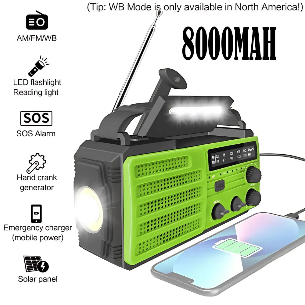 8000mAh portable FM emergency solar handheld radio AM/FM weather radio receiver C-type charging outdoor flashlight SOS alarm