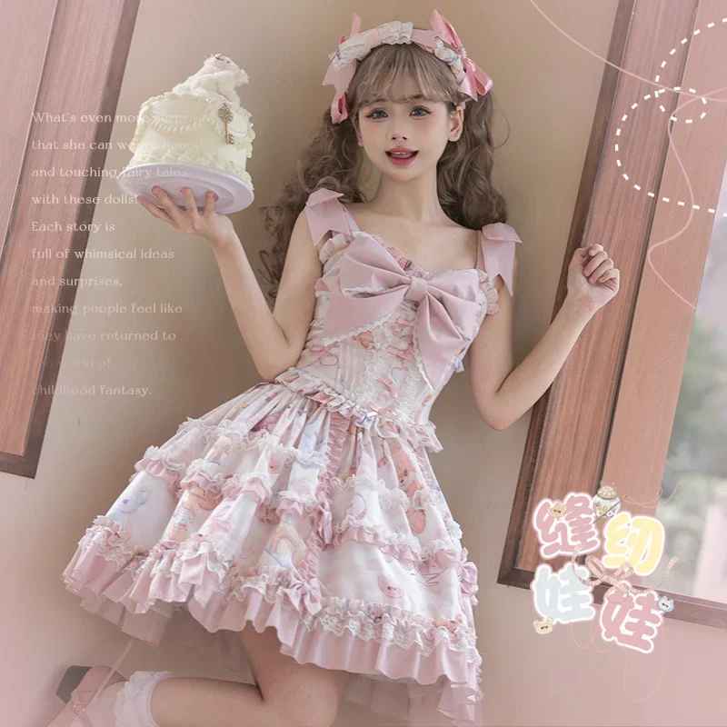 Sewing Doll Sweet Lolita Jsk Dress Party Cartoon Cute Print Suspenders Dress Japanese Summer Girl Kawaii Party Strap Dresses