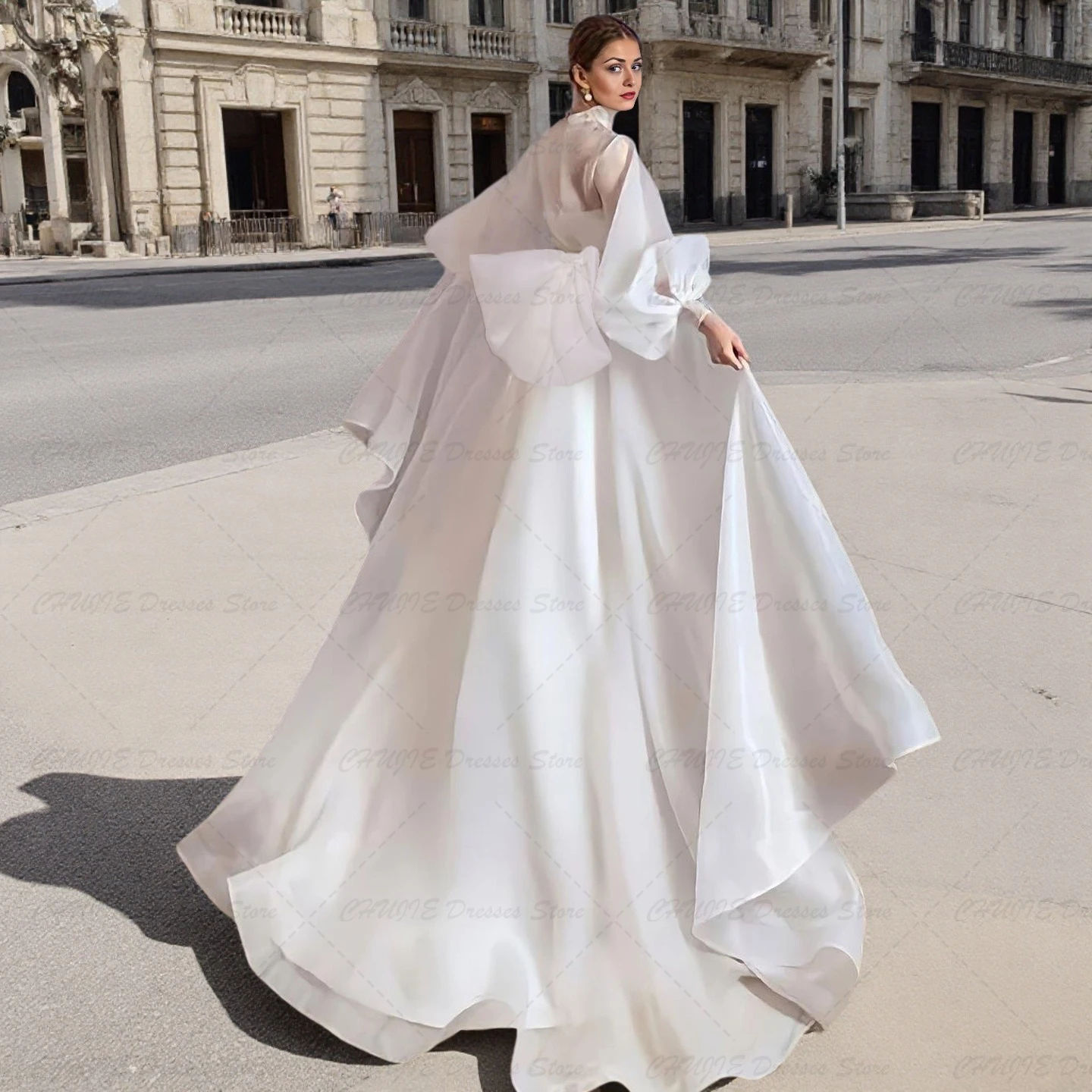 Weiße Brautkleider mit Puffärmeln 2025, mit Schleife, Dubai-Organza-Abschlussballkleid, maßgeschneiderte Abendkleider von Arabia, marokkanisches Partykleid