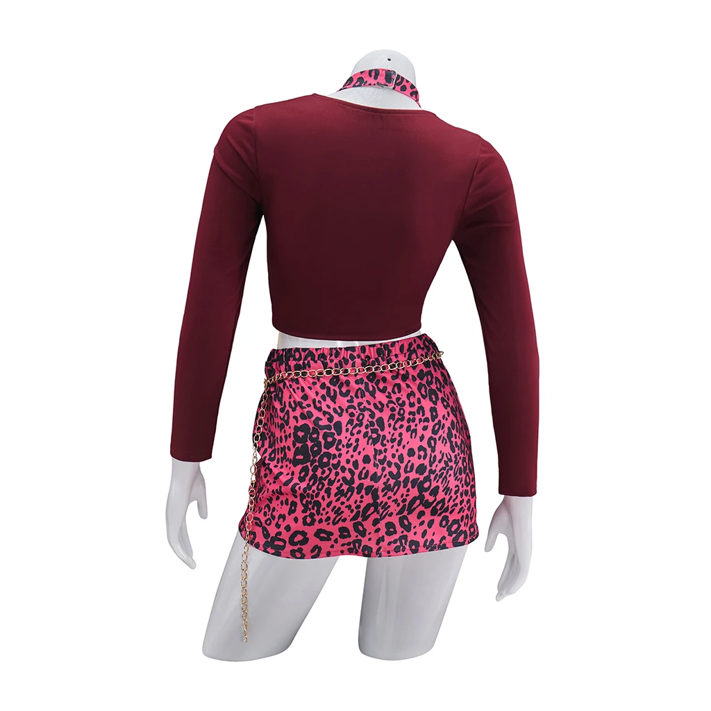 Heather Mason Cosplay Hooded Sleeveless Vest Mini Skirt Set Maria Cosplay Game Suit Wine Red Crop Top Leopard Print Mini Skirt view 3