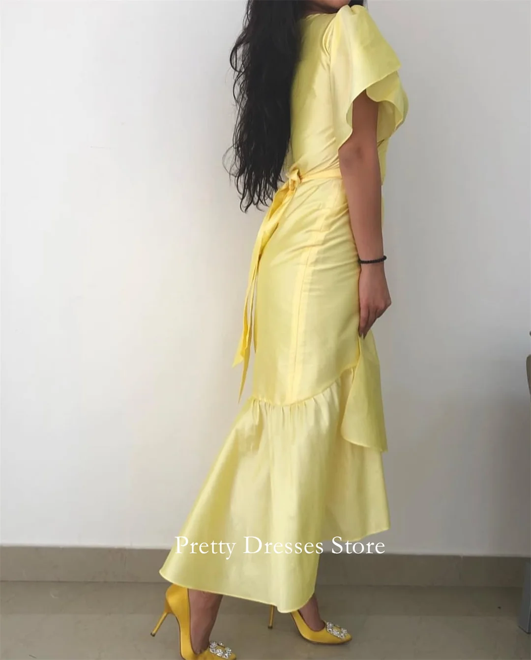 V-Neck Fashion Style Satin Yellow Vintage Ruched Ankle Length Evening Dresses Customized Formal Prom Growns Party Women Bride