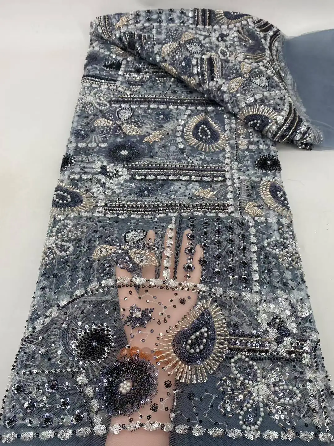 فاخر الأفريقي مطرز 2025 جودة عالية النيجيري الترتر مع اللؤلؤ الدانتيل الفرنسي تول أقمشة الدانتيل لخياطة فستان الحفلات