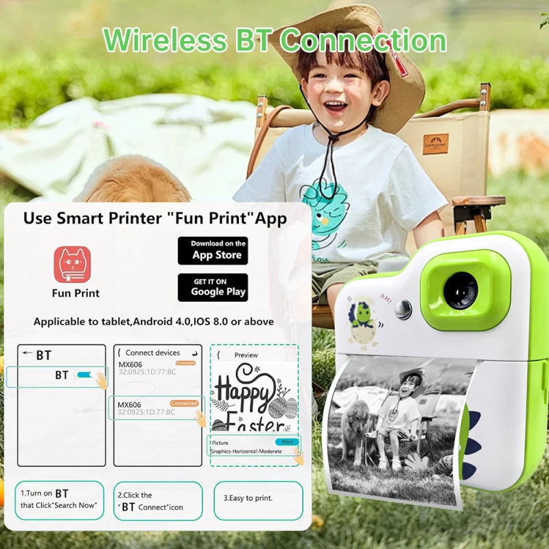 Kids Camera Instant Thermal Printer 2.4 Inch Screen Digital Camera Support Timer Shooting 1080P Video Recording Inkless Printing