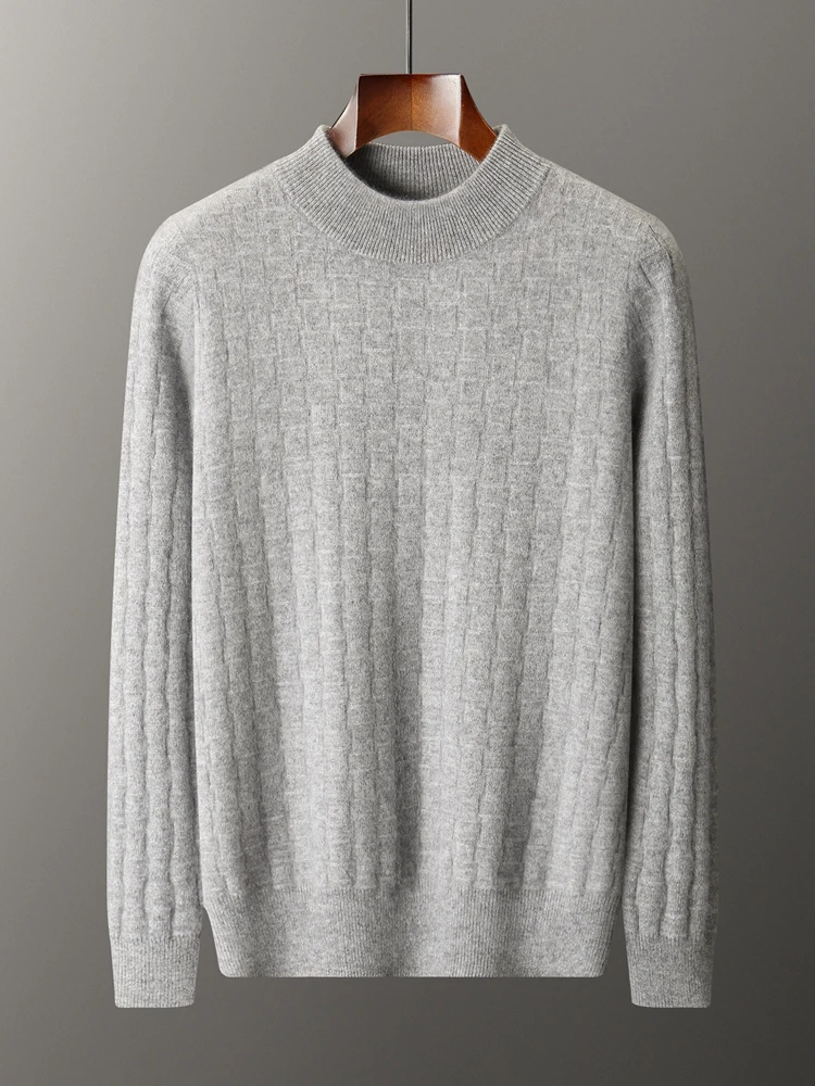 

Men's Wool Pullover Sweater Square Jacquard Mock Neck Casual 100% Merino Wool Knitwear Autumn Winter Cashmere Long Sleeve Tops