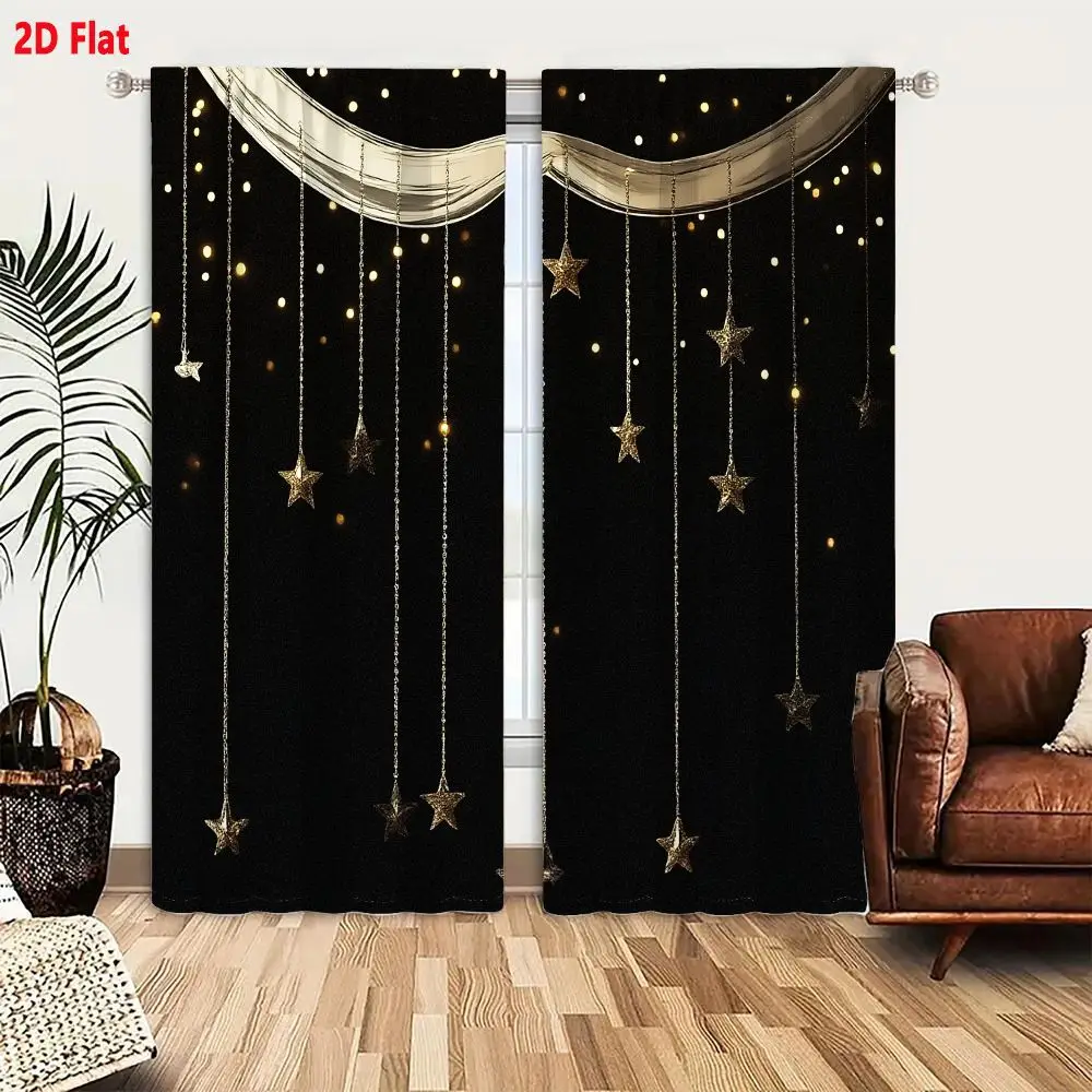 2Pcs Curtains Add 2D Flat Decorative Lighting Fixture With Hanging Gold Stars And Warm Fairy Lights Window Drapes for Bedroom Ro