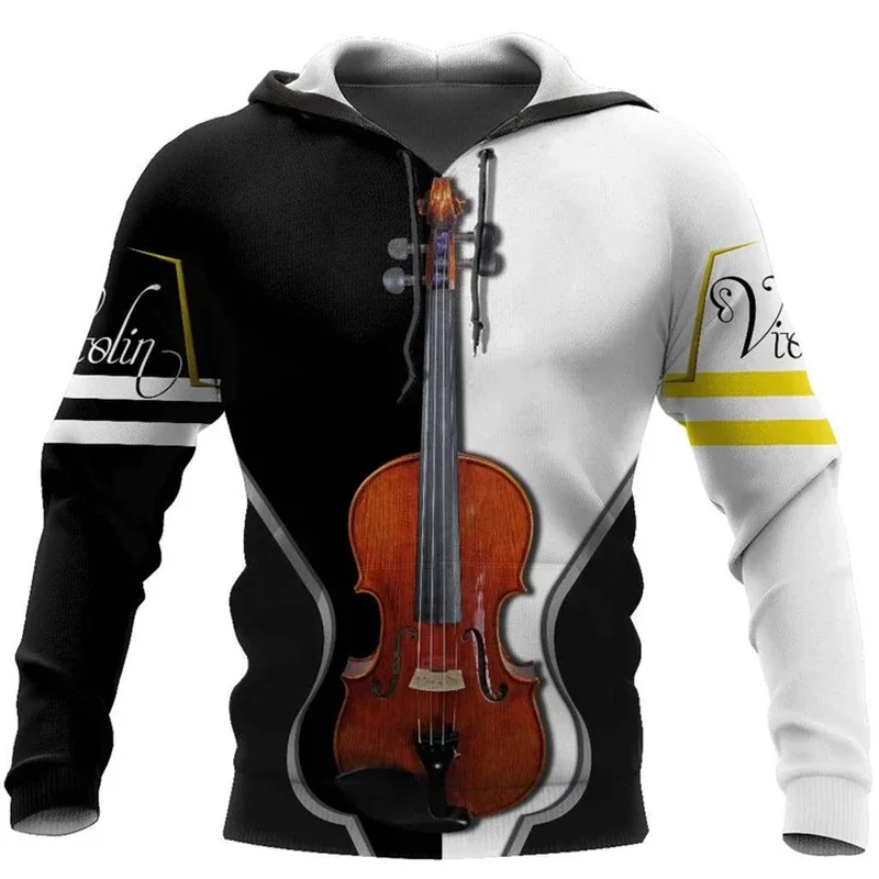 2024 Spring And Autumn New Men's Fashion 3D Violin Printed Hooded Sweatshirts Hoodie Loose Casual Daily Street Sweater Tops Coat