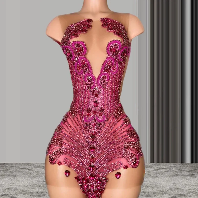 Fucsia Sparkly Cocktail abiti per occasioni formali Gillter Beaded Crystal Sheer Mesh Black Girl African Evening Birthday Gown