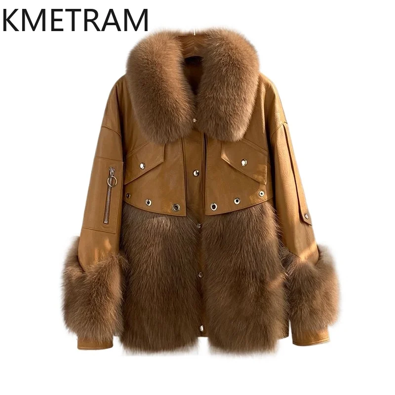 Real Sheepskin Down Coats Luxury Fox Fur Coat Women New in Outerwears 2024 Winter Fashion Brown Fur Jacket Womans Clothing шуба