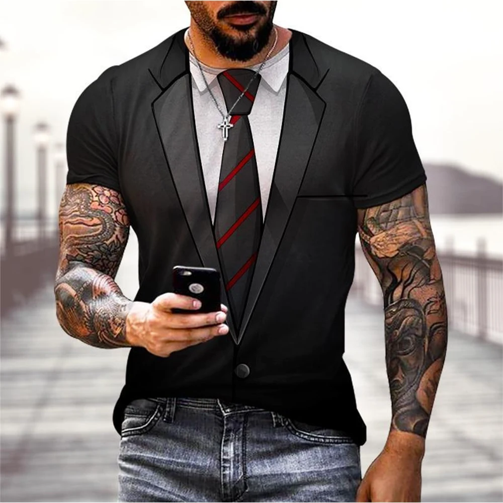 Summer fashion funny fake suit 3D printed T-shirt tailcoat tie T-shirt men\'s street short sleeved T-shirt