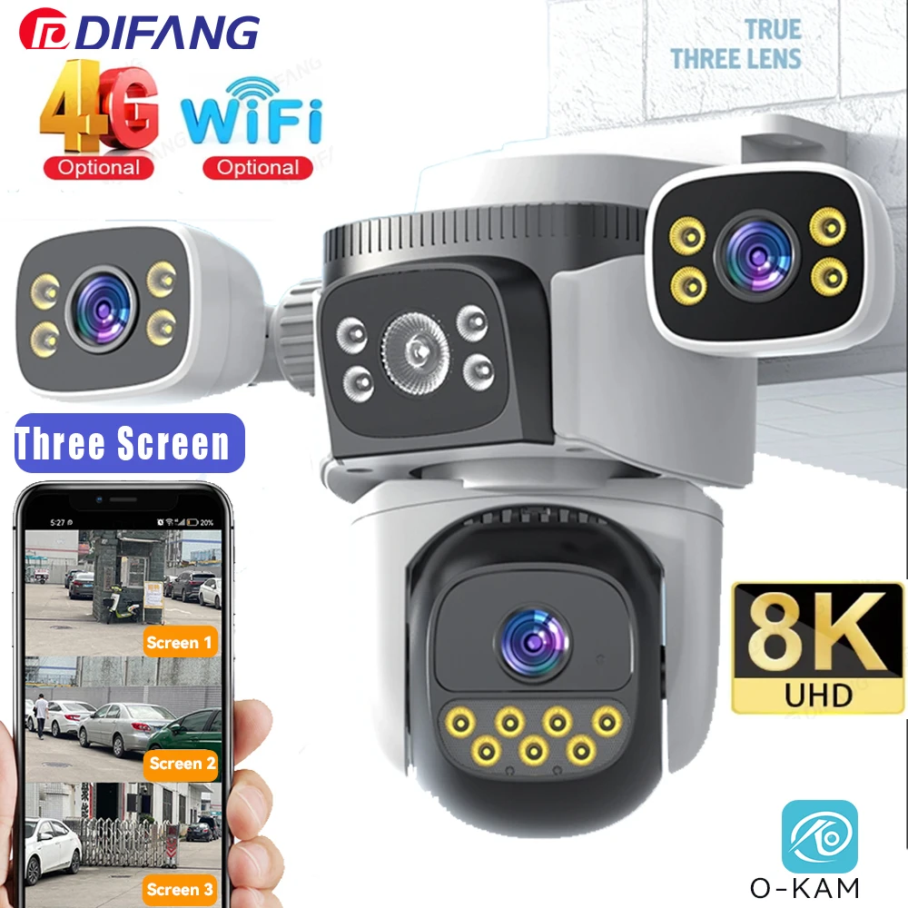 

8K 4G Sim Card External IP Camera Three Screen Three Lens 15MP WiFi Camera Outdoor 360° PTZ Wireless Home Surveillance CCTV