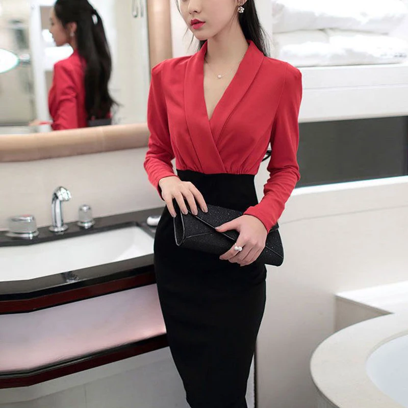 Summer New Office Lady Elegant Fashion Patchwork Bodycon Dress Female Temperament Long Sleeve Waist Robe Women\'s V-neck Vestidos