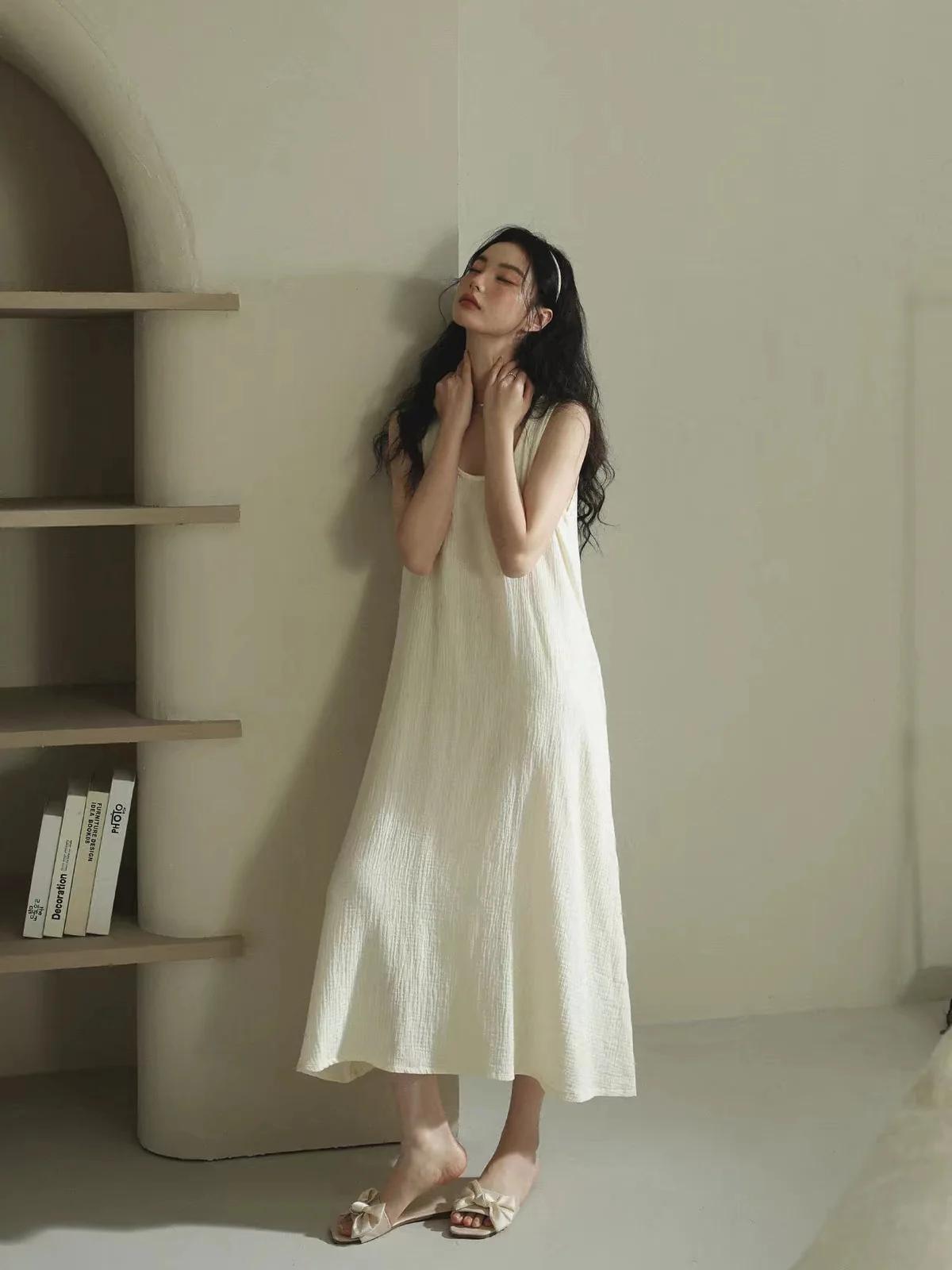 Women O-Neck Pullover Cotton Linen Nightgowns Solid Color Loose Sleeveless Dress Robes Summer Boho Casual Long A-Line Tank Dress
