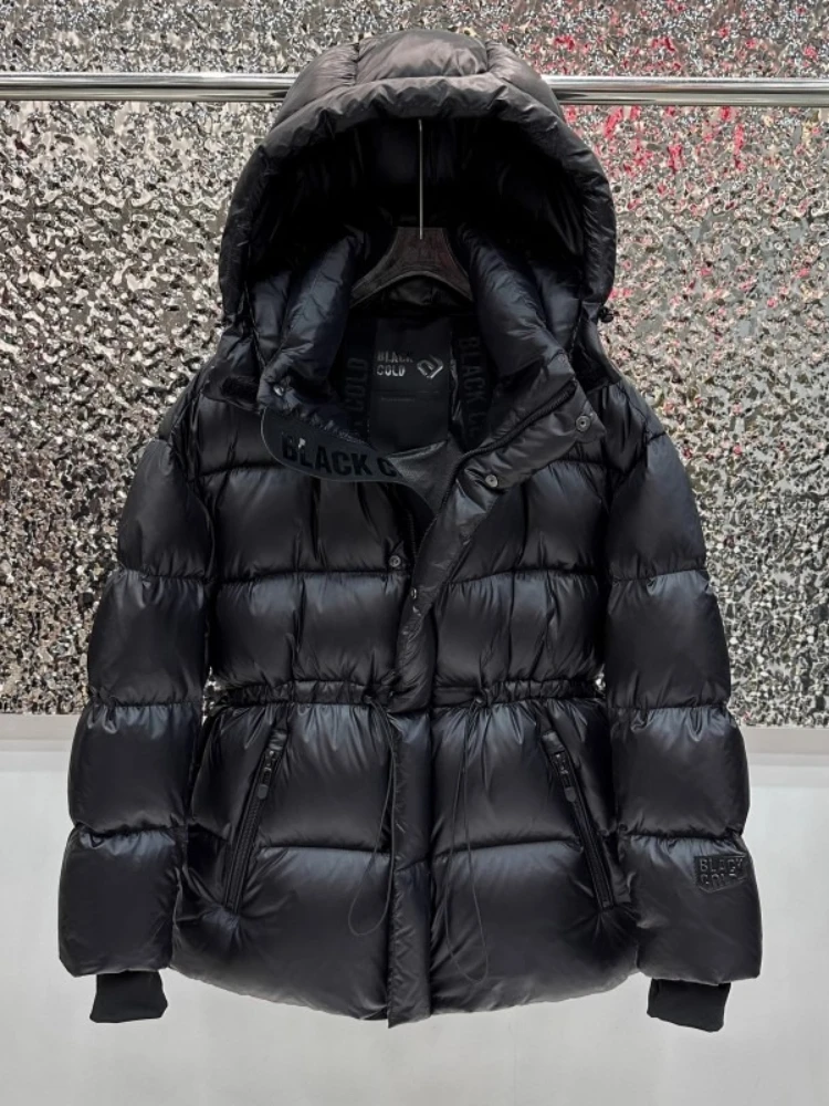 Abrigo acolchado negro para mujer, chaqueta nueva de invierno, Parkas con plumón de pato blanco de cintura alta, ropa de nieve gruesa y holgada con capucha, 2025