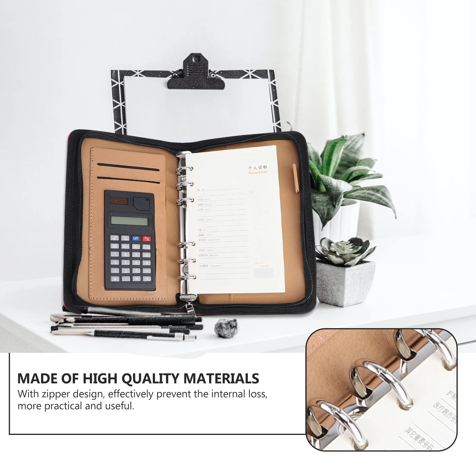 

Loose-leaf Calculator Travel Agenda Manager Business Notepad Faux Notebook Zipper