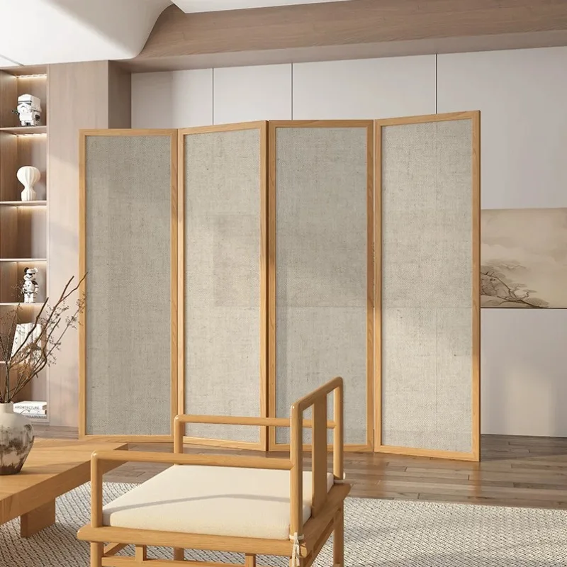 New Chinese cotton and linen solid wood folding mobile screen home entry living room entrance partition background wall decorati
