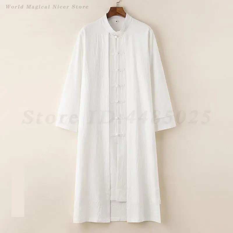 Chinese Style Retro Button Robe Gown Men Cotton Linen Tang Tops Autumn Loose Casual Mandarin Collar Long Shirt Kimono Coat 5XL