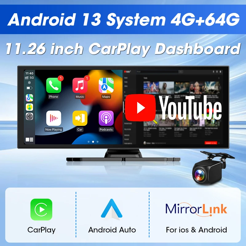 Jansite 11.26 "أندرويد 13 4G + 64G مشغل سيارة CarPlay أندرويد شاشة تلقائية نظام تحديد المواقع والملاحة واي فاي دعم Tiktok Youtube Netflix TPMS