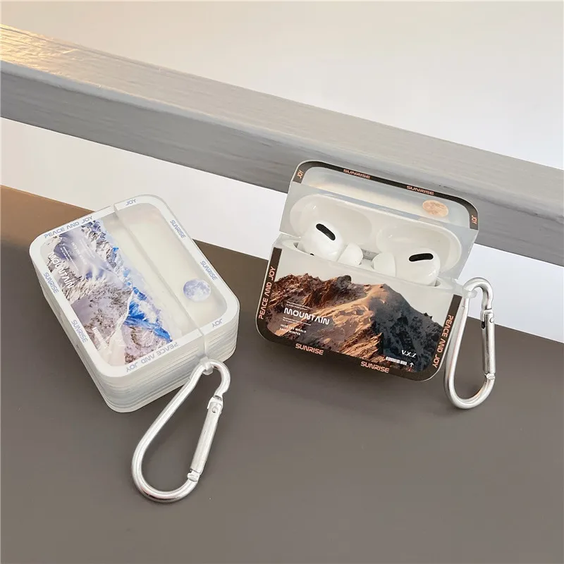Funda de moda de lujo para Apple AirPods 1, 2 Pro, 2, 2, Retro, Snow Mountain, cubierta transparente de silicona suave para AirPods 3, funda con llavero