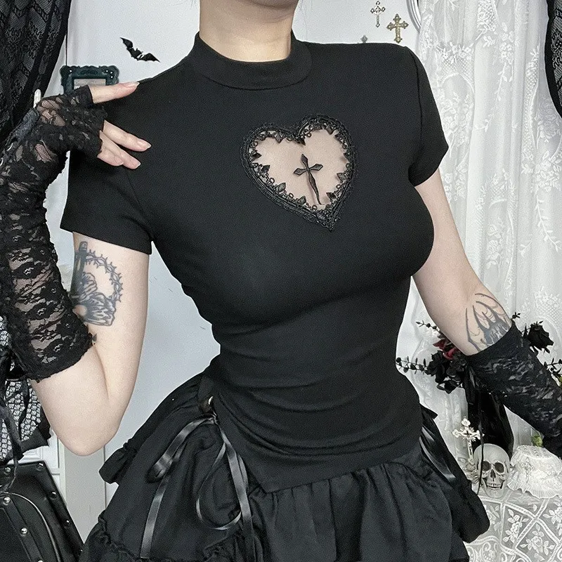 

Sexy Woman Y2k Clothing Goth Cross Hollow Out Tshirt Slim Punk2000s Hot Girl Lace short Sleeves High Collar Harajuku Vintage Top