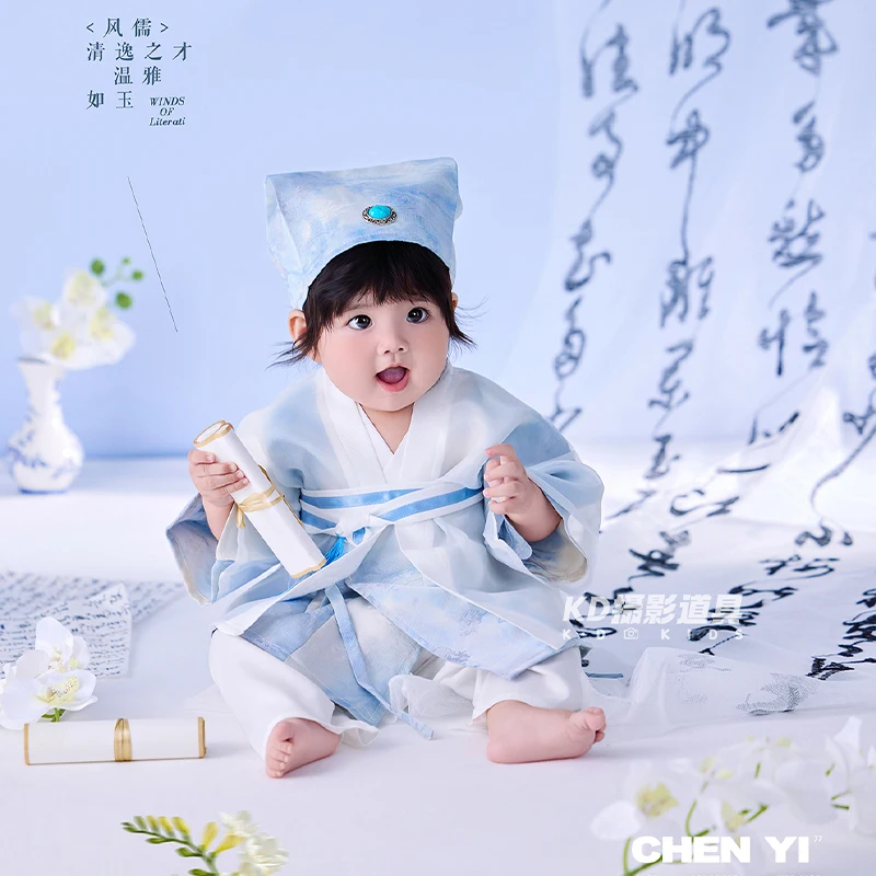 newborn-baby-chinese-hanfu-photography-outfit-with-hat-fan-100-days-photoshoot-costume-infant-scholar-style-photography-props