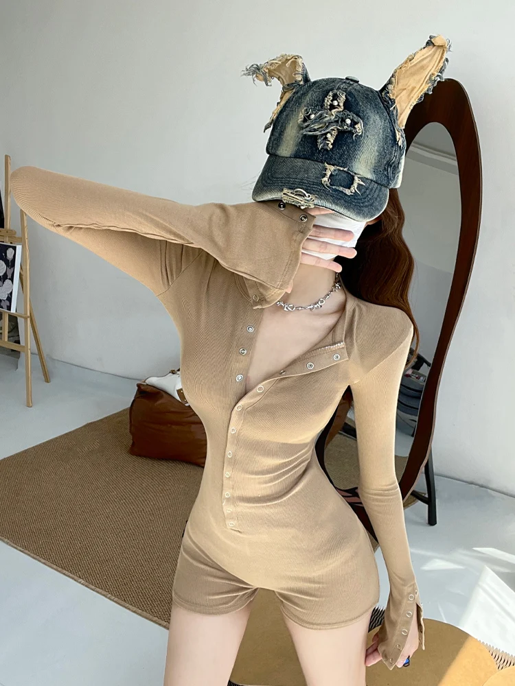 

Street Sle American Hot Girl Button down Jumpsuit Women Slimming Long Sve Base irt Spor High Waist ort Pants