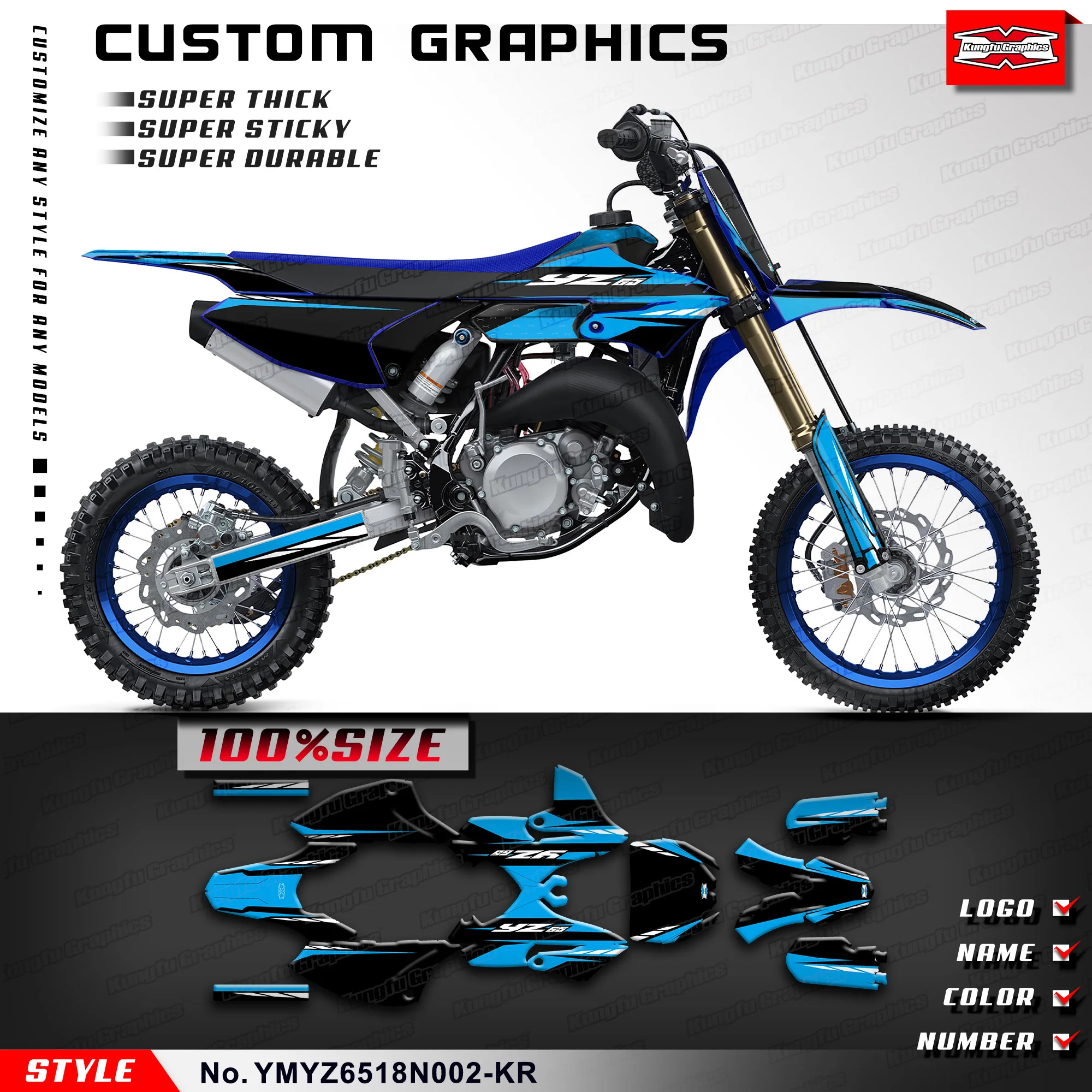 

KUNGFU GRAPHICS Racing Graphics Adhesive Decals Kit for Yamaha YZ65 YZ 65 2018 2019 2020 2021 2022 2023 2024, YMYZ6518N002-KR