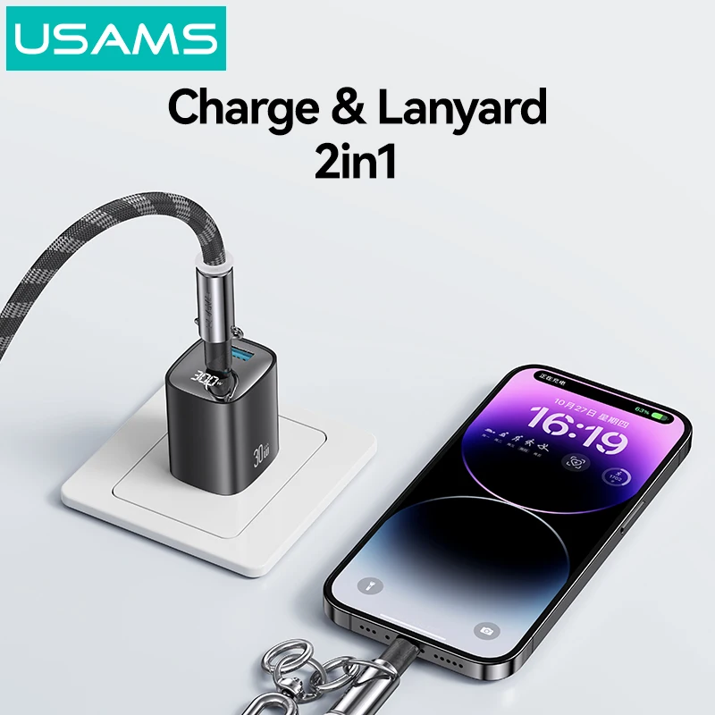 USAMS 2in1 Phone Charms PD 30W Type-C to Lightning Fast Charging Cable Adjustable Lanyard with Zinc Alloy Buckle Strap for Phone