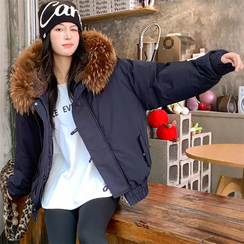 2025 New Fashion Winter Parkas Women's Short Down Cotton-padded Jackets Korean Big-Fur-collar Zip-up-Hooded Thicken Outerwear