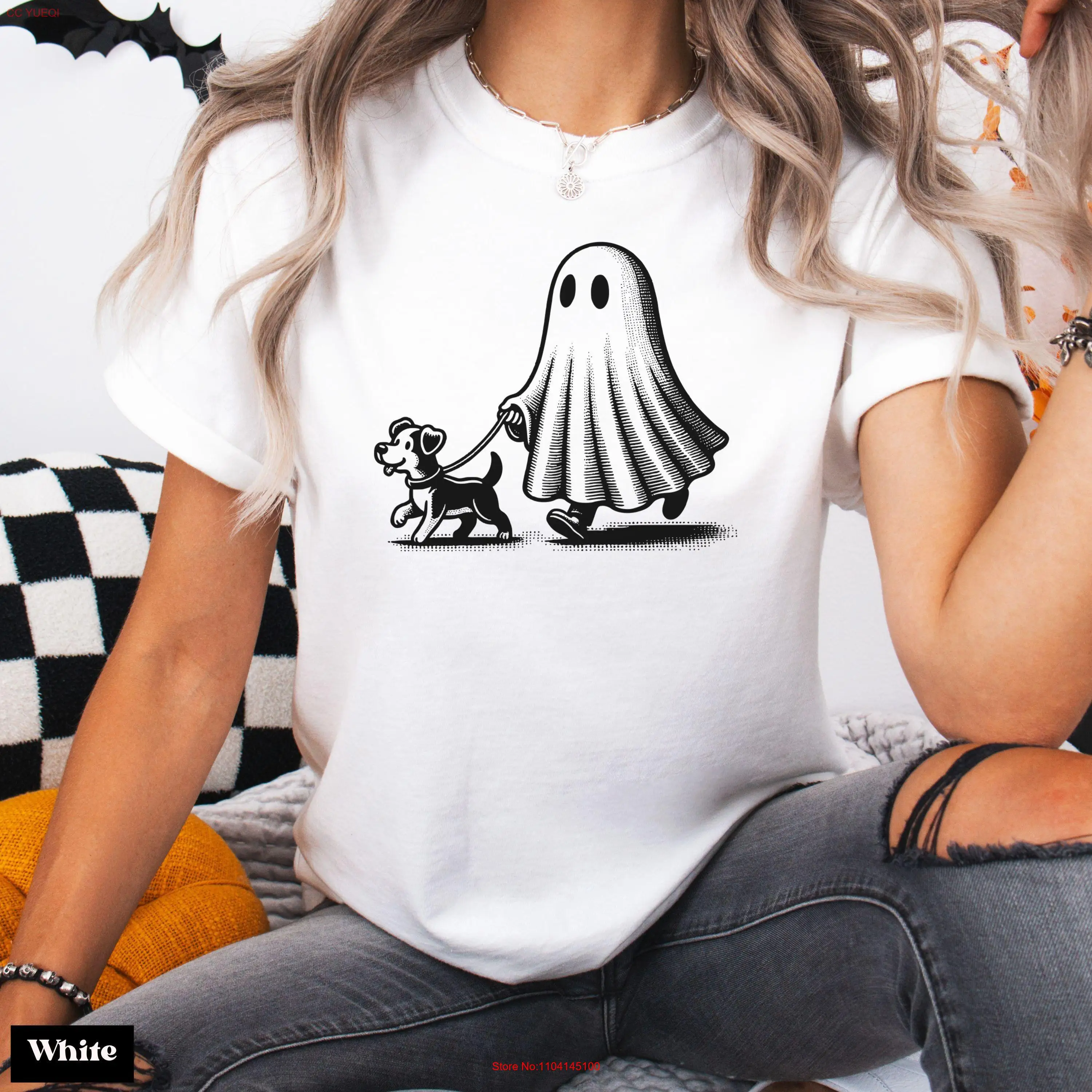 

Comfort Colors Сute Ghost Dog T Shirt Lovers Halloween Spooky Season Womens Fall long or short sleeves