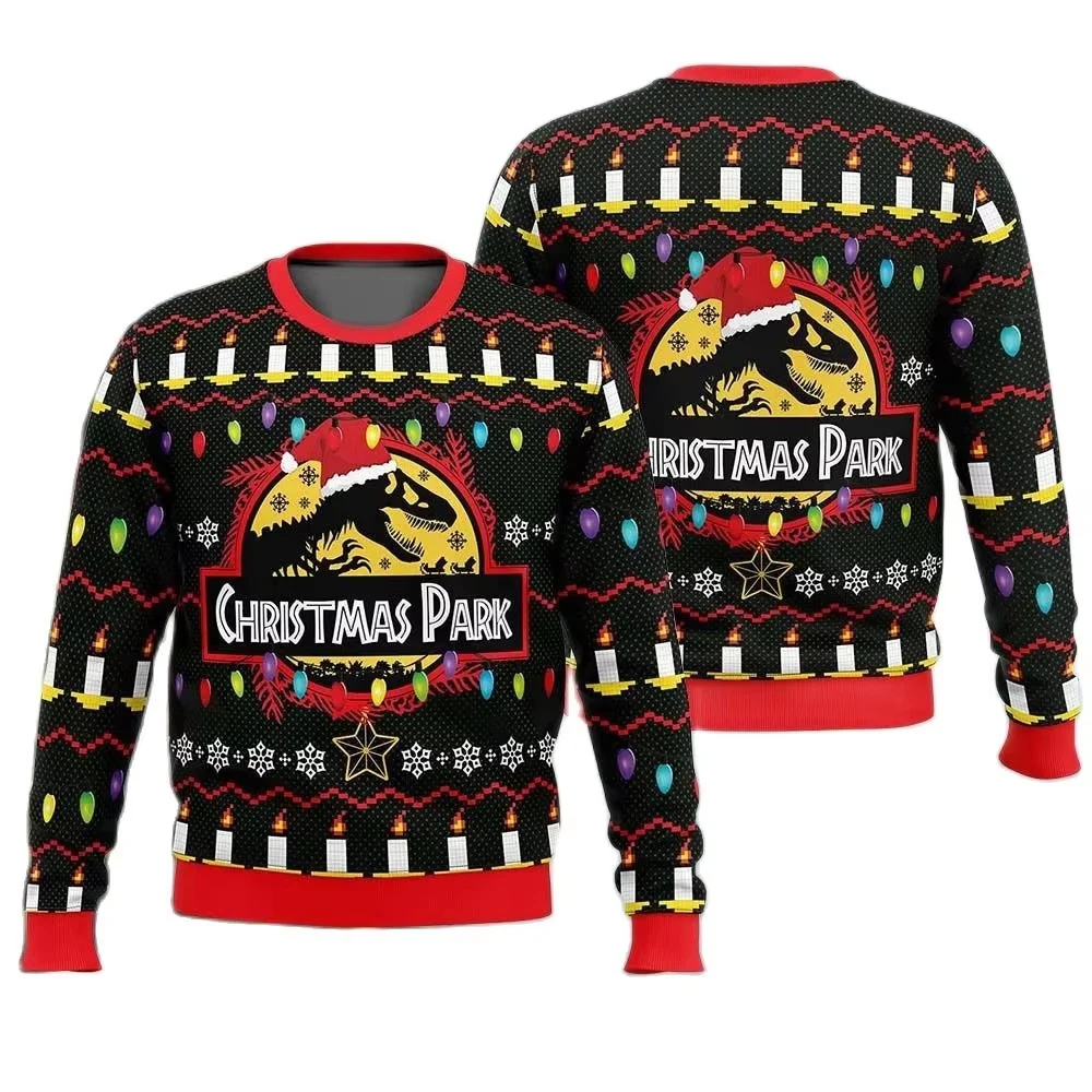 2024 Autumn/Winter Men's Jurassic Park Christmas Head Ugly Christmas Hoodie Women's Casual Sports Party Hoodie