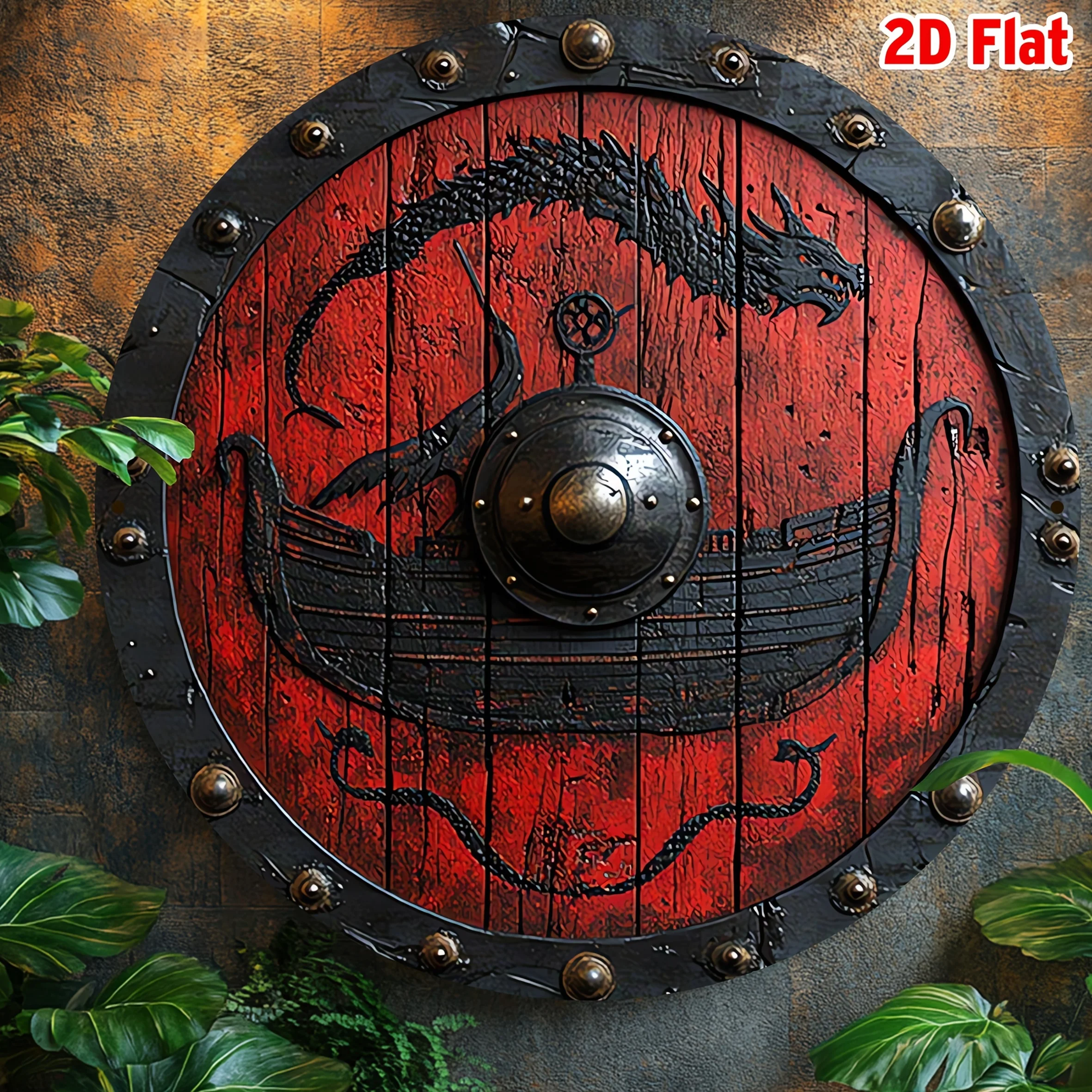 Escudo de batalla vikingo vintage plano 2D, 1 pieza, decoración de pared redonda de aluminio de 8 "con diseño intrincado de dragón y barco, perfecto para el hogar,