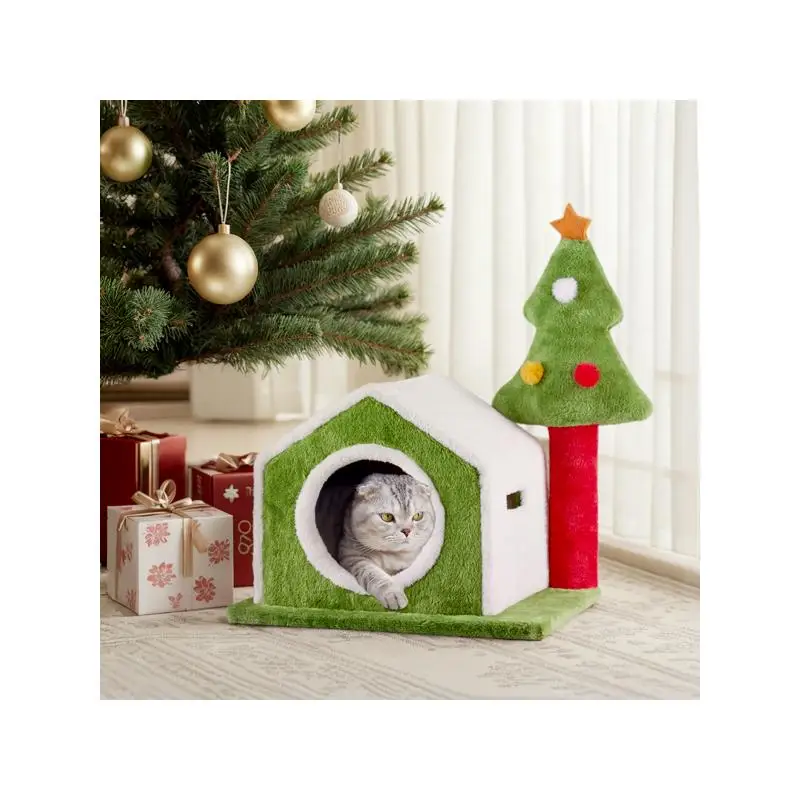 سرير بيت القطط بطول 24 بوصة، عش عيد الميلاد من القطيفة الناعمة للقطط الداخلية، ديكور عطلة احتفالي لأصدقاء القطط