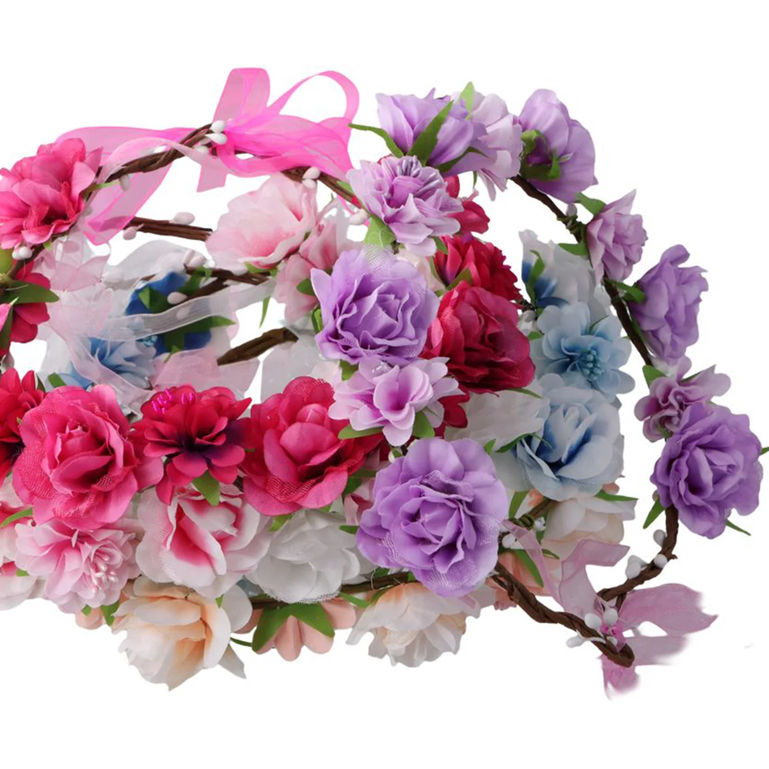 1pc Women Floral Wreath Red Rose Flower Crown Girls Bohemia Garland Headpiece with Adjustable Ribbon Bridal Wedding Accessories