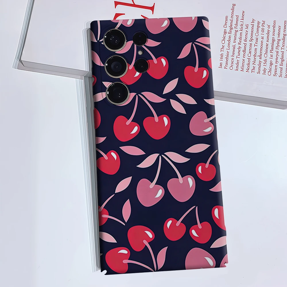 Dark Night Cherry Fruit Phone Case for Samsung Galaxy S26 S25 Ultra S24 S23 Ultra Plus Glossy Double-layer Back Cover